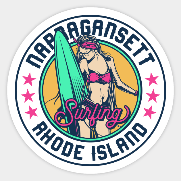 Retro Surfer Babe Badge Narragansett Rhode Island Sticker by Now Boarding